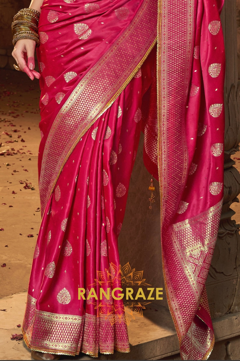 Raspberry Red Banarasi Silk Saree with Mustard Embroidered Blouse