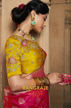 Raspberry Red Banarasi Silk Saree with Mustard Embroidered Blouse