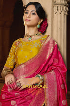 Raspberry Red Banarasi Silk Saree with Mustard Embroidered Blouse