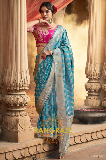 Azure Blue Banarasi Silk Saree with Fuchsia Embroidered Blouse