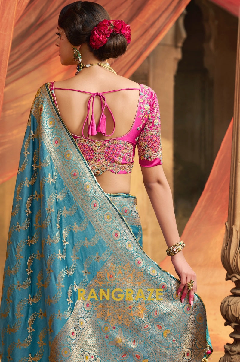 Azure Blue Banarasi Silk Saree with Fuchsia Embroidered Blouse