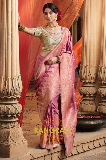 Blush Pink Banarasi Silk Saree with Ivory Embroidered Blouse