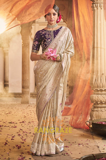 Champagne Royale Satin Saree with Embroidered Blouse