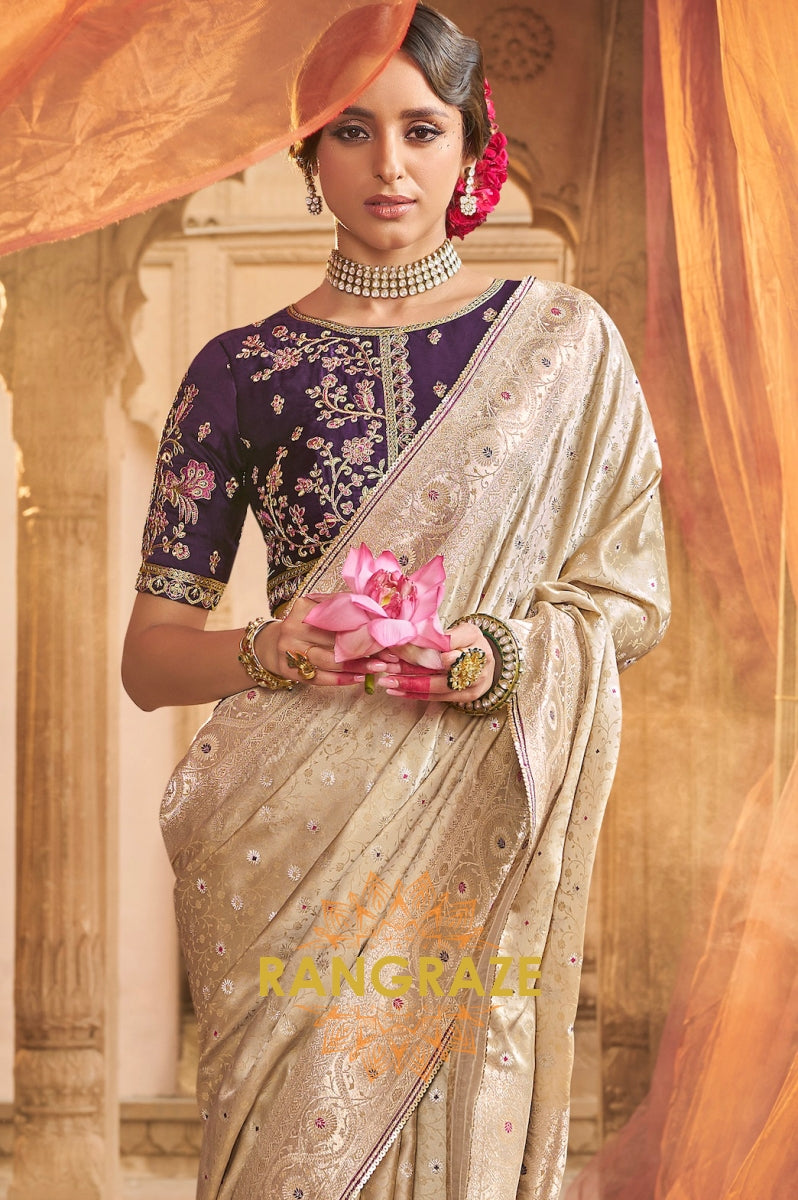 Champagne Royale Satin Saree with Embroidered Blouse