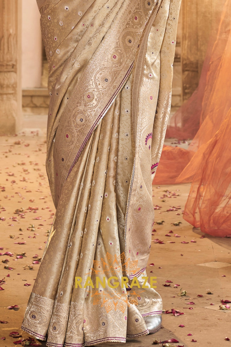 Champagne Royale Satin Saree with Embroidered Blouse