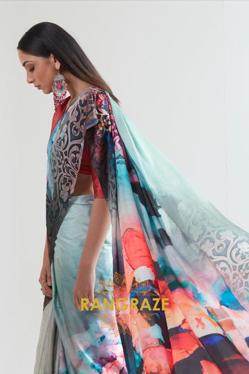 Iceberg Blue And Pastel Green Printed Crepe Silk Saree