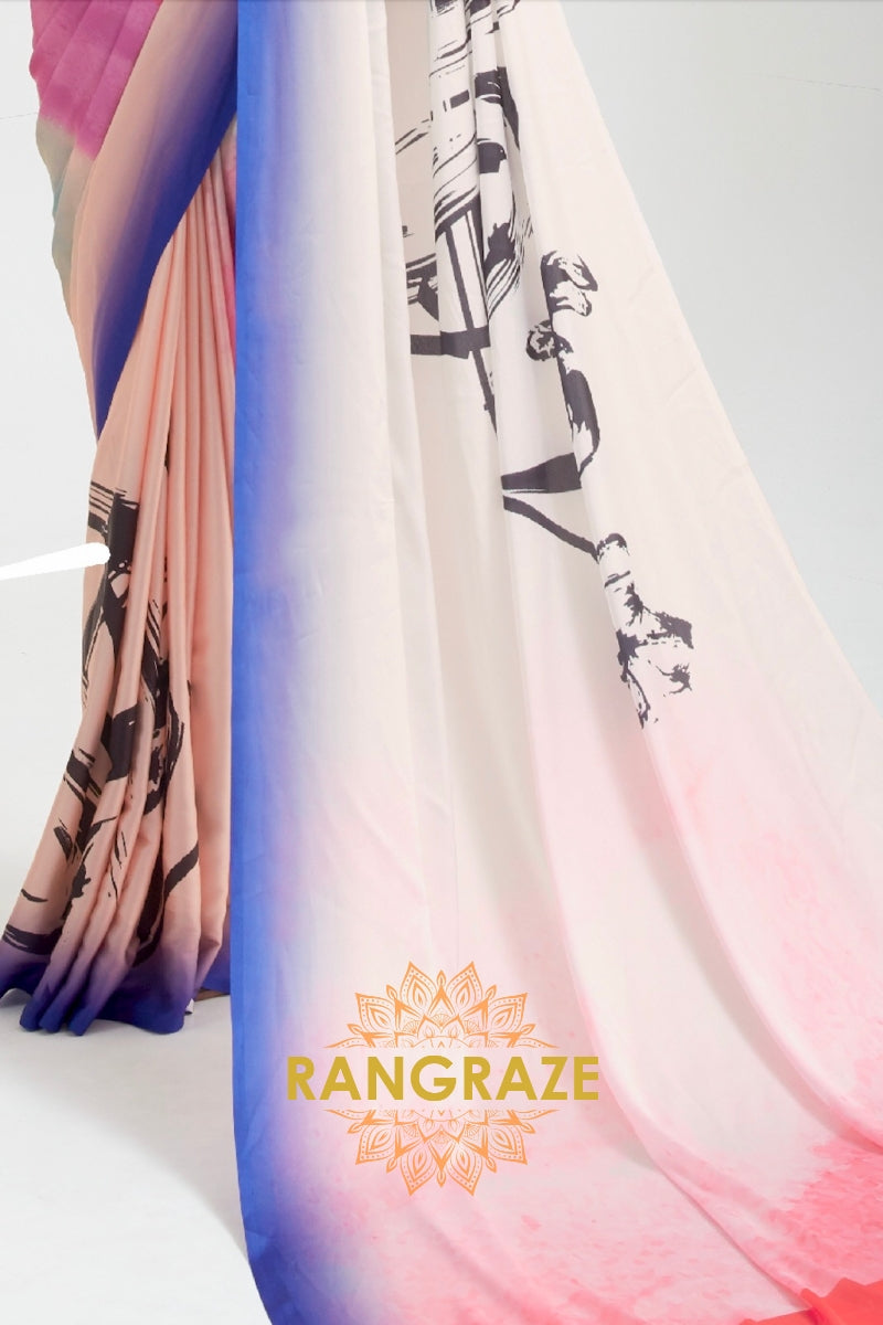 Peach Pink Printed Crepe Silk Saree