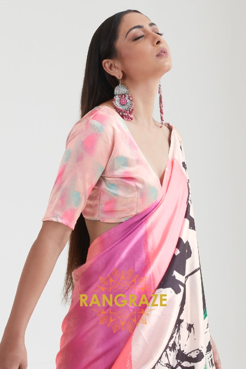 Peach Pink Printed Crepe Silk Saree