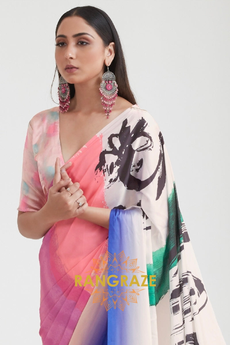 Peach Pink Printed Crepe Silk Saree