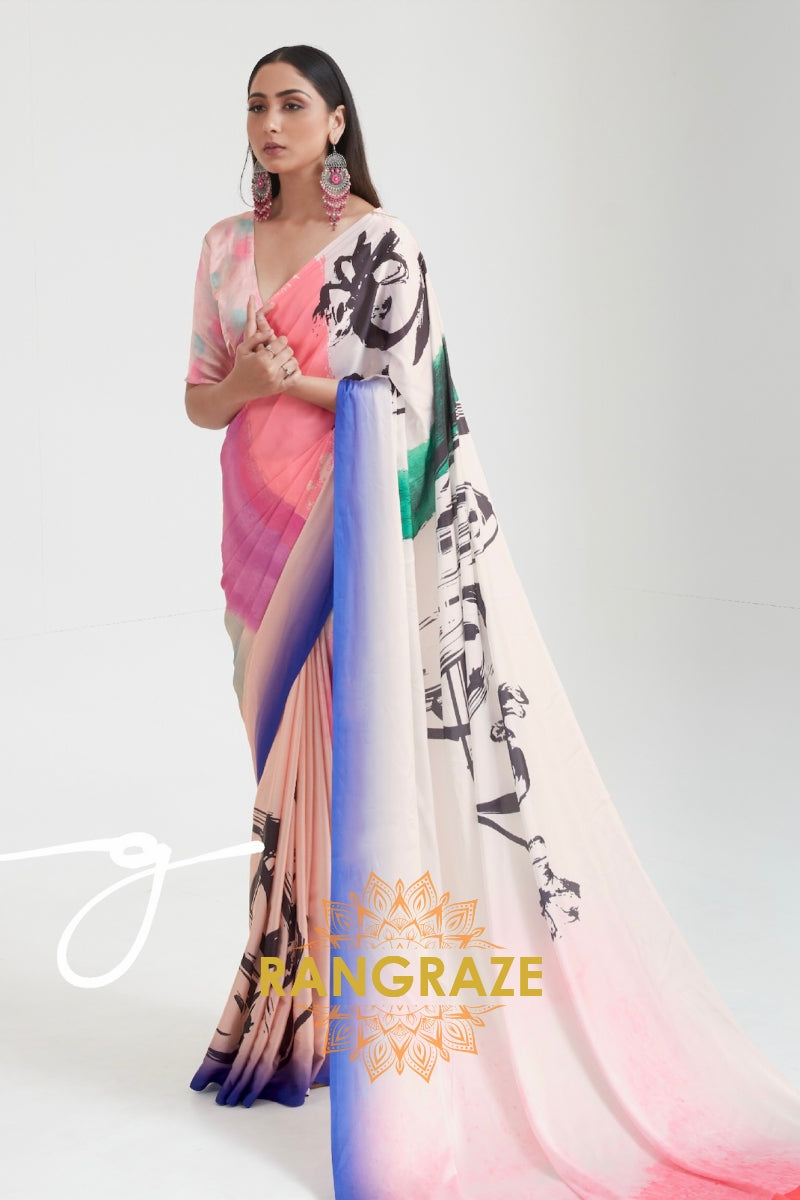 Peach Pink Printed Crepe Silk Saree