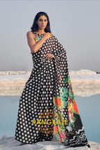 White Polka Dots Black Digital Print Satin Silk Saree