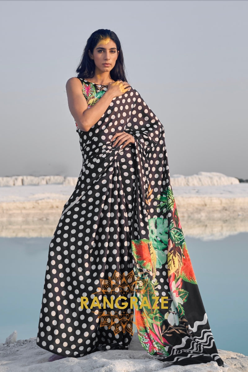 White Polka Dots Black Digital Print Satin Silk Saree