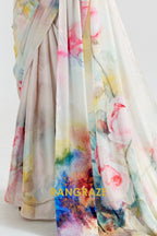 Pearl White Printed Crepe Silk Saree