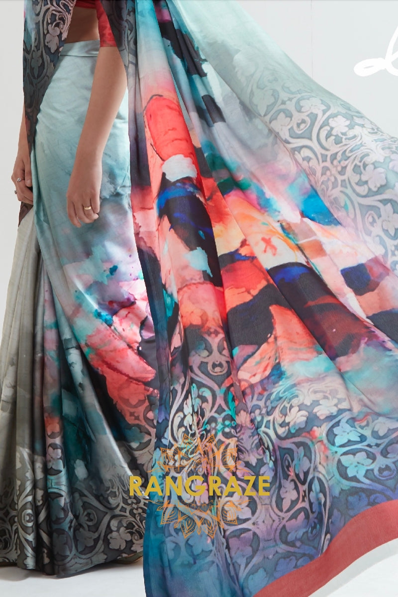 Iceberg Blue And Pastel Green Printed Crepe Silk Saree