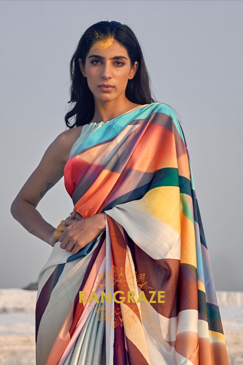 Vibrant Multi Color Abstract Print Silk Saree