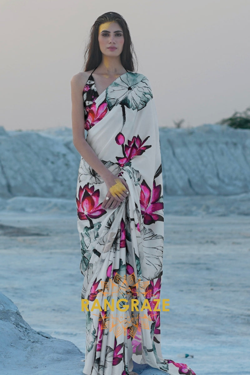 White Radiance Digital Print Satin Silk Saree