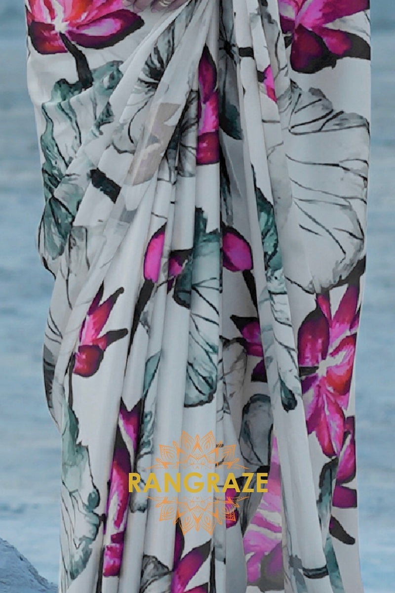 White Radiance Digital Print Satin Silk Saree