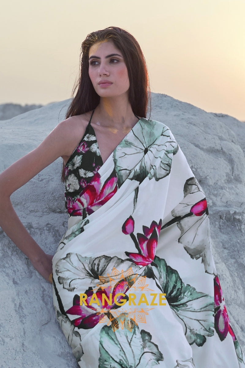 White Radiance Digital Print Satin Silk Saree