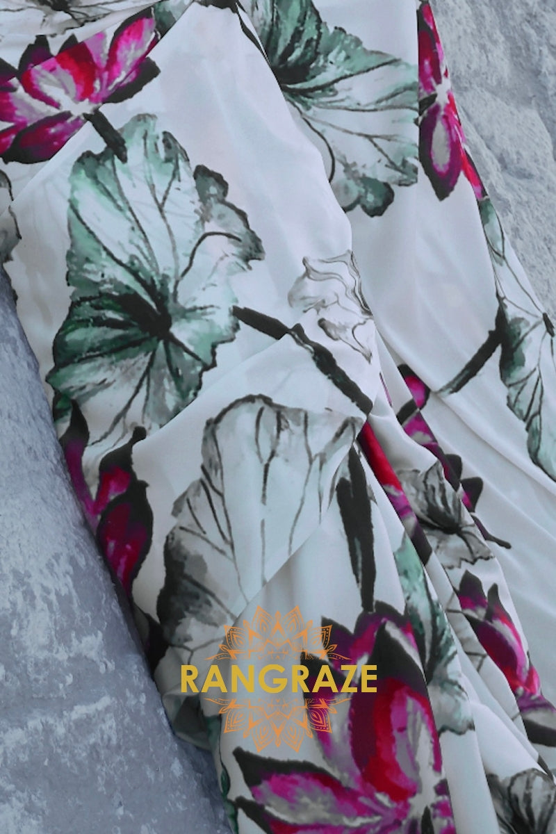 White Radiance Digital Print Satin Silk Saree