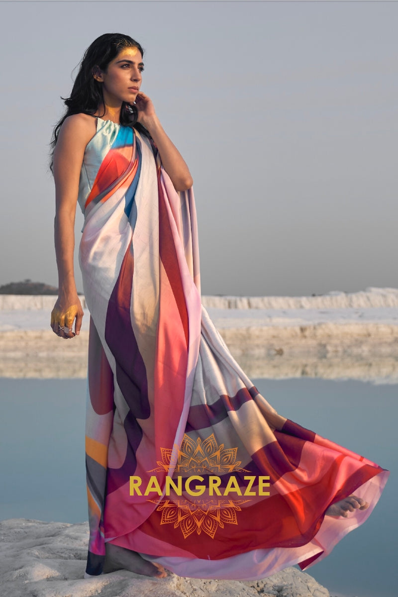Vibrant Multi Color Abstract Print Silk Saree