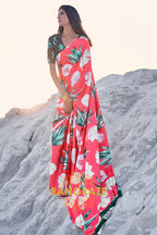 Coral Pink Digital Print Satin Silk Saree