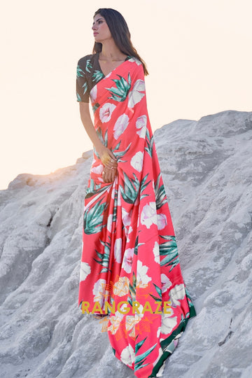 Coral Pink Digital Print Satin Silk Saree
