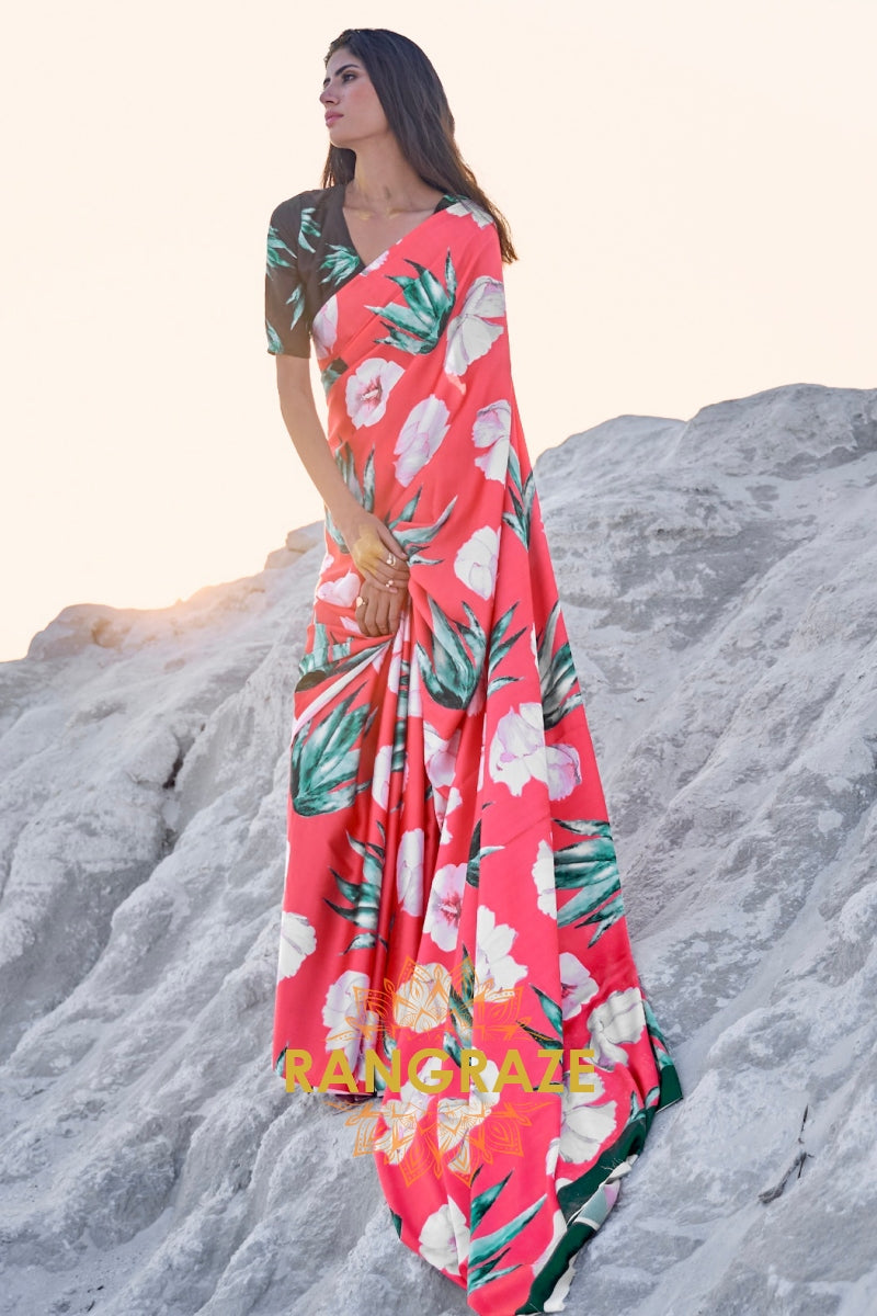 Coral Pink Digital Print Satin Silk Saree