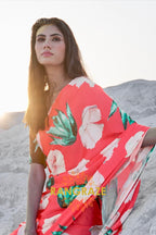 Coral Pink Digital Print Satin Silk Saree