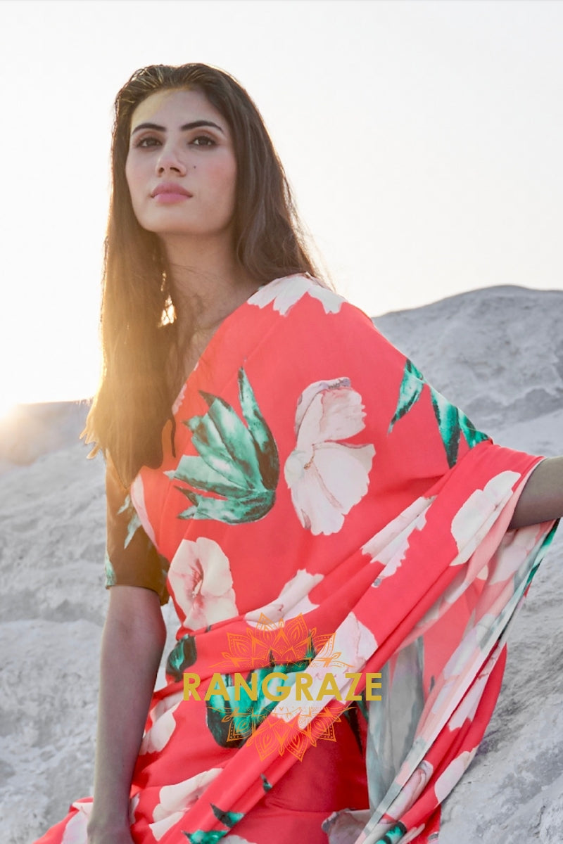 Coral Pink Digital Print Satin Silk Saree