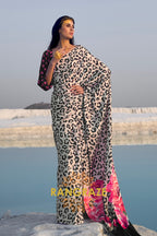 Timeless Black And Pearl White Leopard Print Satin Silk Saree