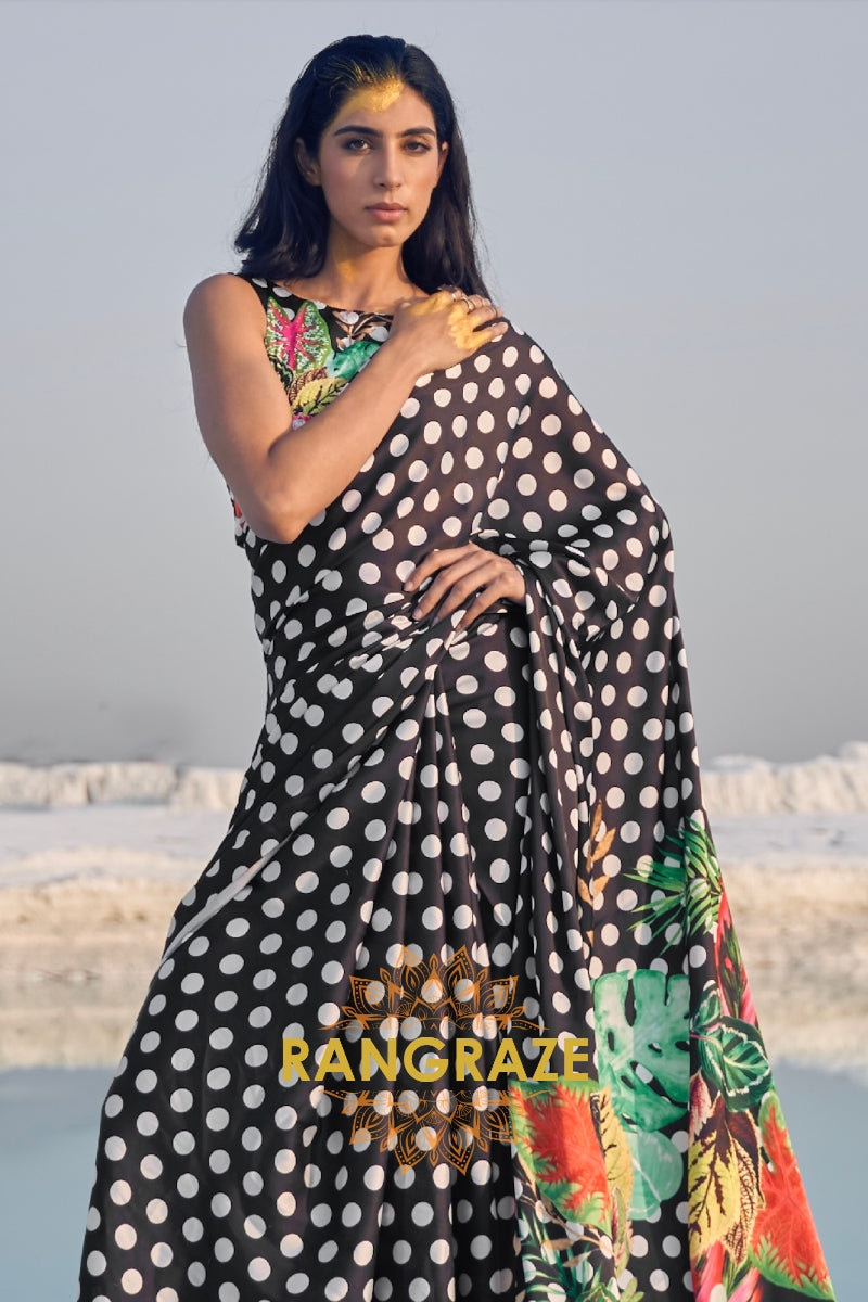 White Polka Dots Black Digital Print Satin Silk Saree