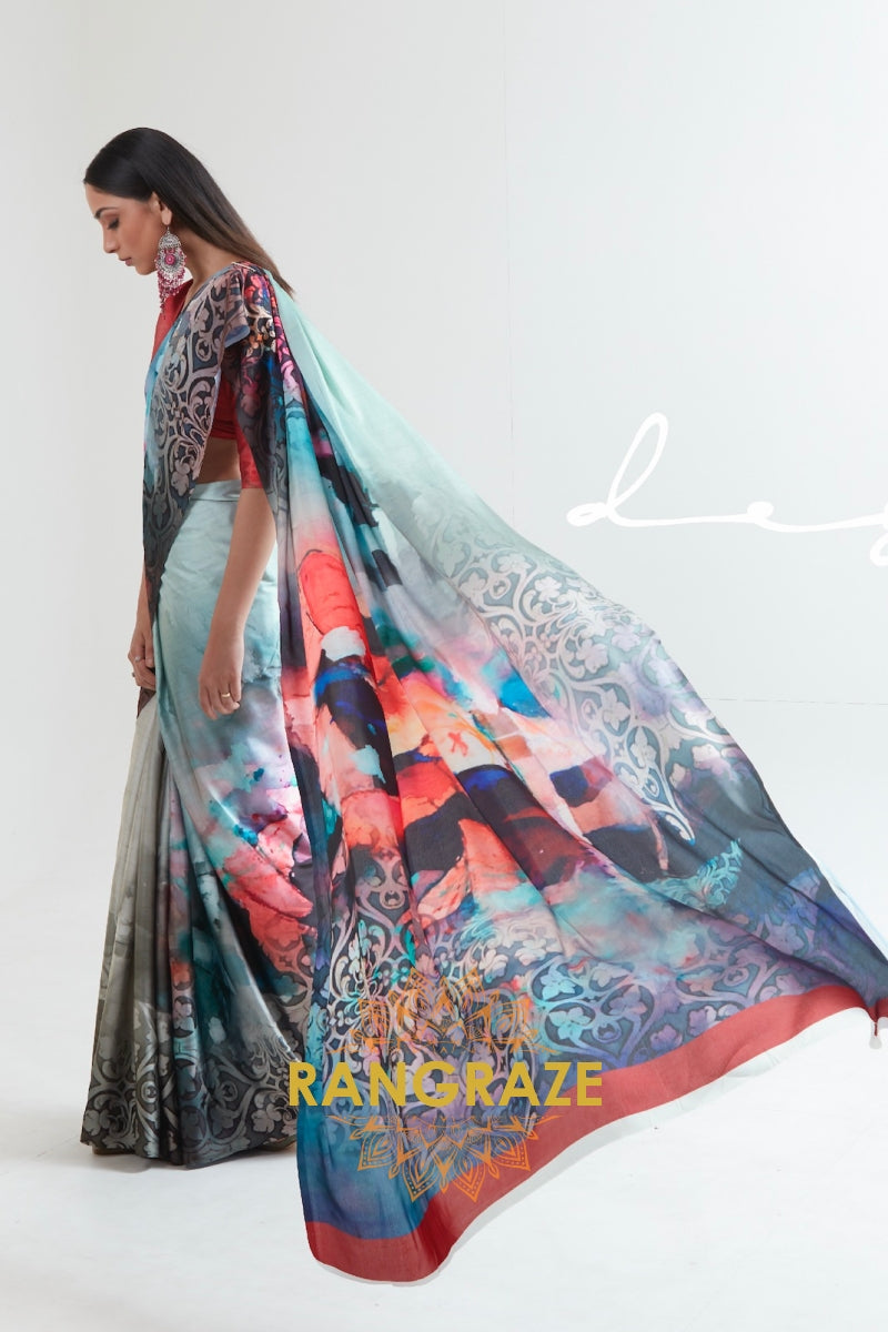 Iceberg Blue And Pastel Green Printed Crepe Silk Saree
