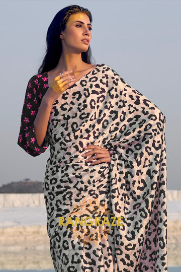 Timeless Black And Pearl White Leopard Print Satin Silk Saree