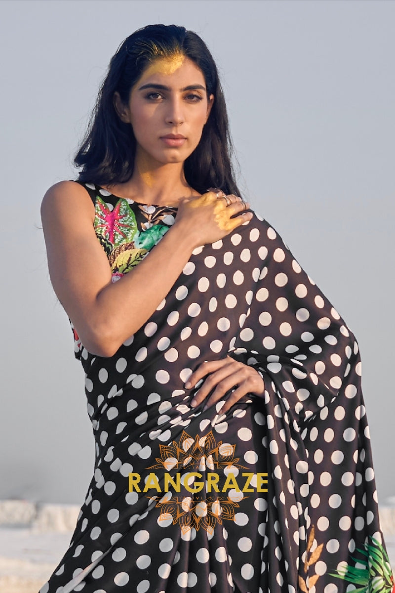 White Polka Dots Black Digital Print Satin Silk Saree