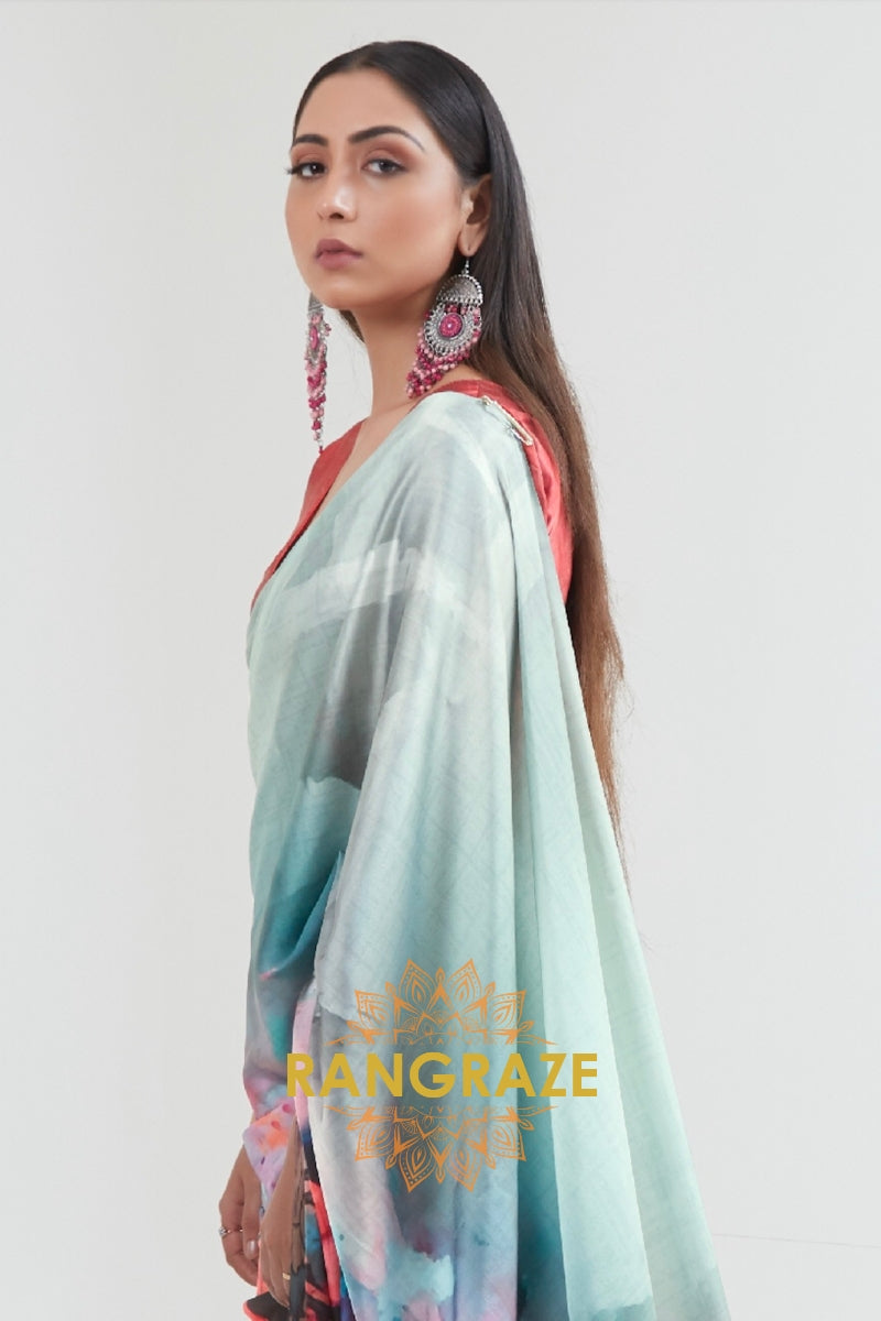 Iceberg Blue And Pastel Green Printed Crepe Silk Saree