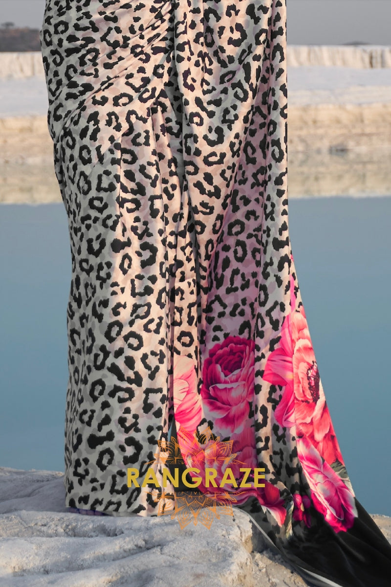 Timeless Black And Pearl White Leopard Print Satin Silk Saree