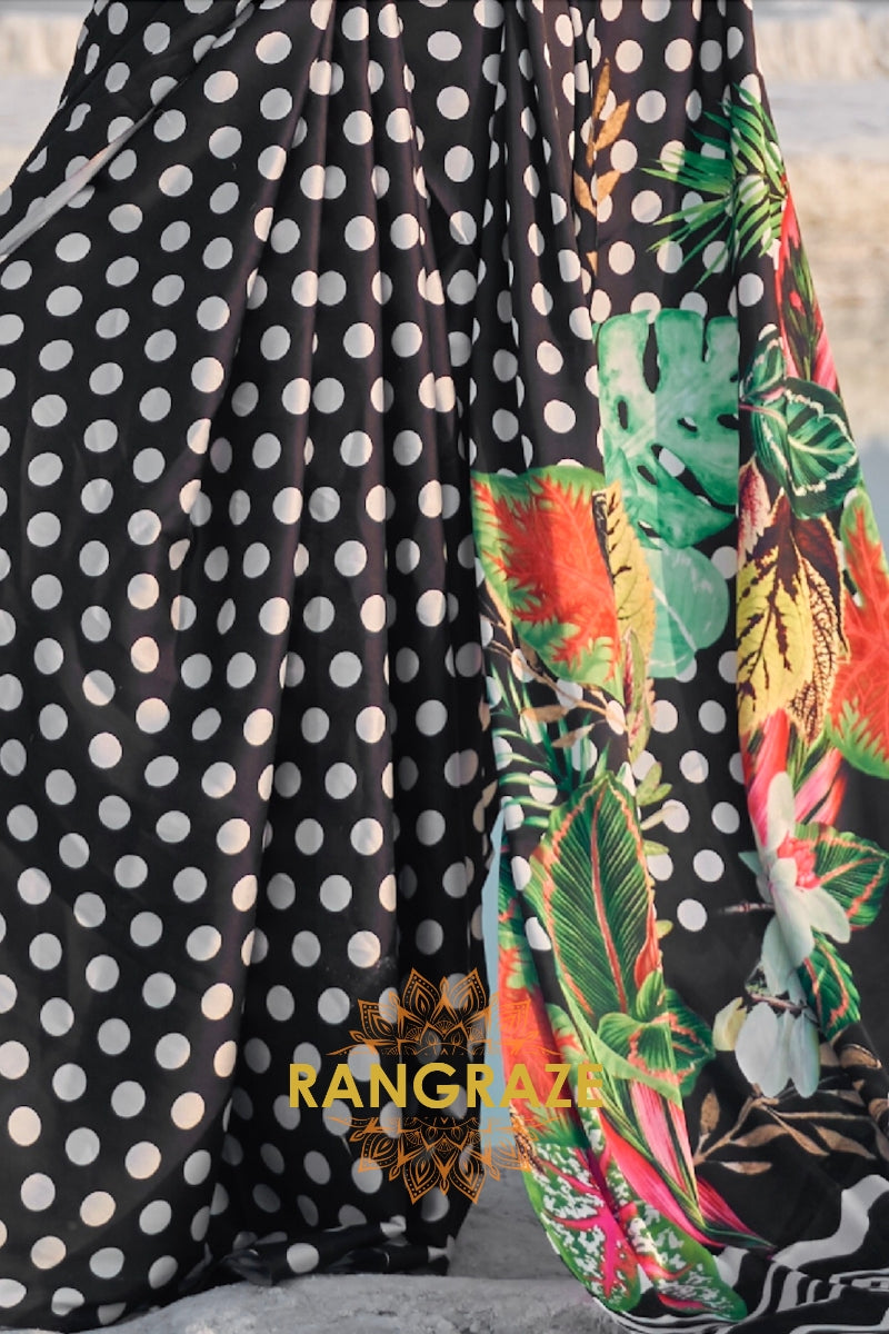 White Polka Dots Black Digital Print Satin Silk Saree