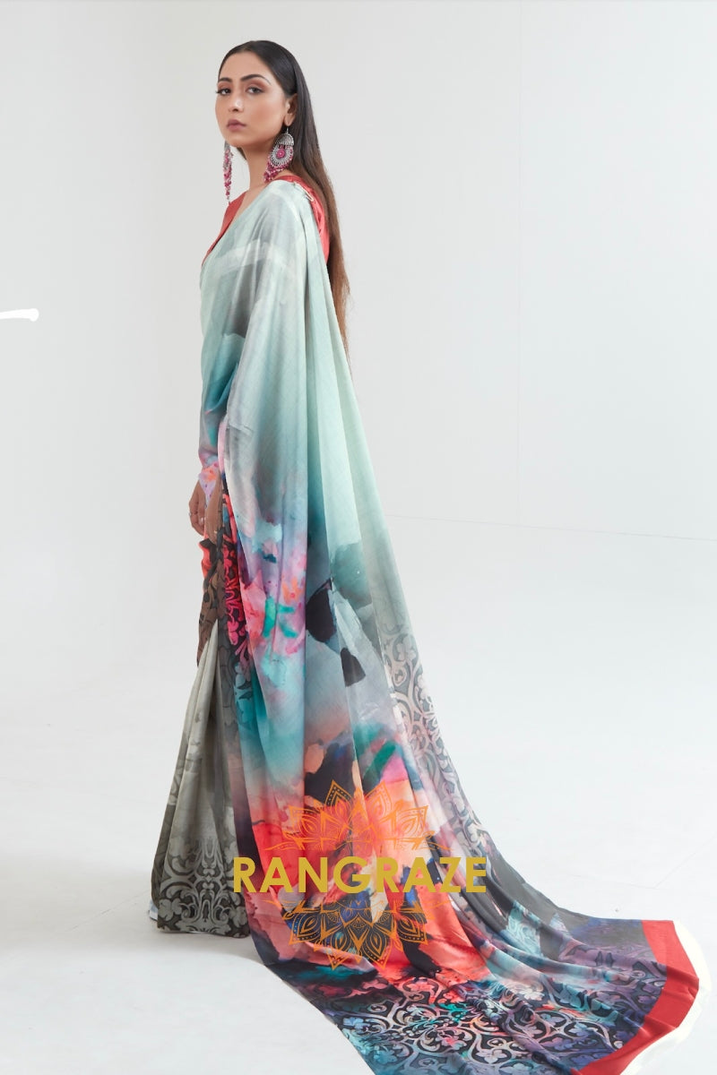 Iceberg Blue And Pastel Green Printed Crepe Silk Saree