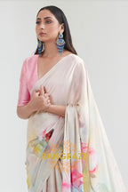 Pearl White Printed Crepe Silk Saree