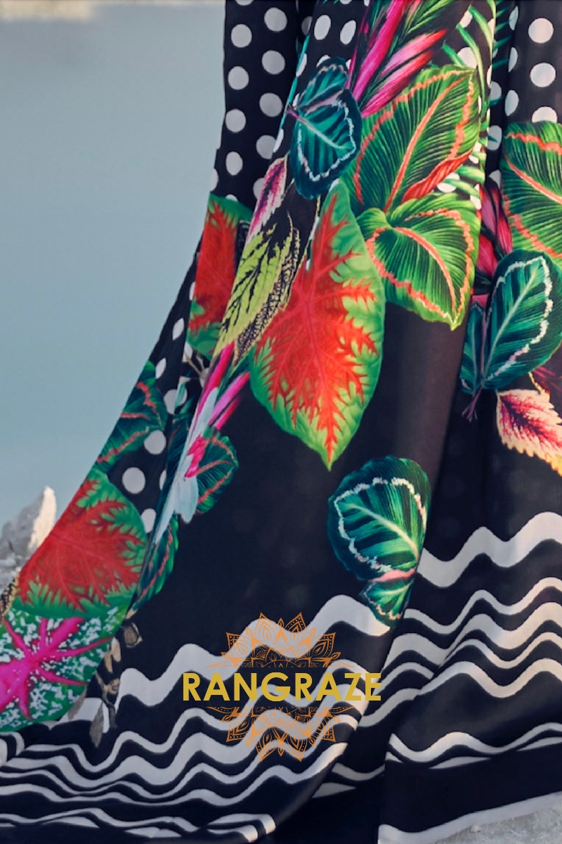 White Polka Dots Black Digital Print Satin Silk Saree