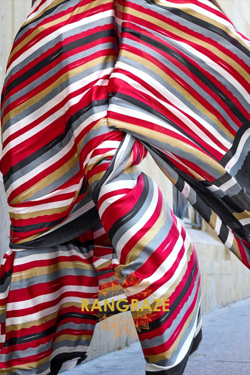 Rajwada Red Multi Color Stripe Satin Silk Printed Saree