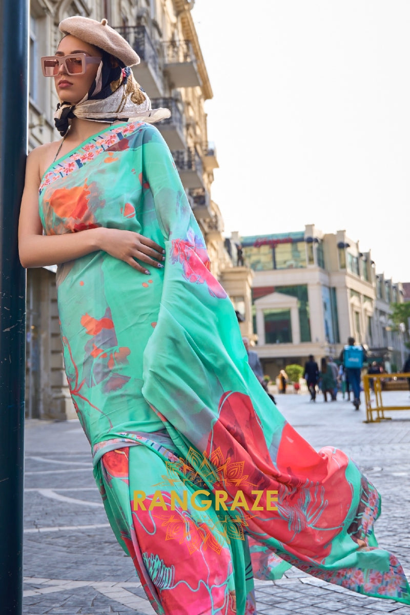 Turquoise Green Apex Pure Satin Silk Digital Print Saree