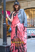 Sparkling Pink Soft Satin Silk Print Saree