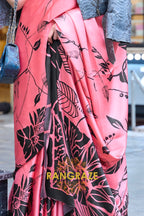 Sparkling Pink Soft Satin Silk Print Saree