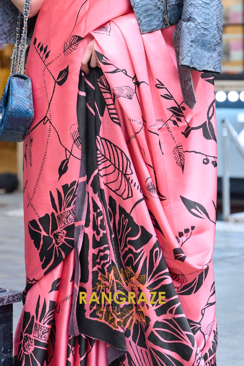 Sparkling Pink Soft Satin Silk Print Saree