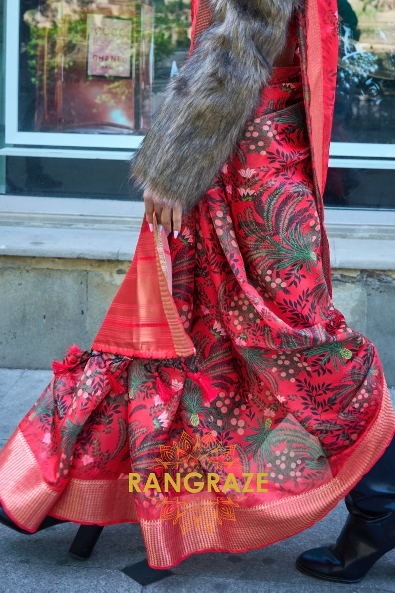 Orchid Candy Red Floral Print Satin Organza Weaving Saree