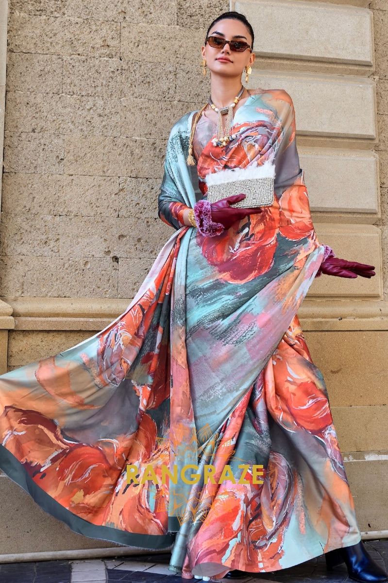 Stunning Floral Orange Digital Print Satin Soft Silk Saree