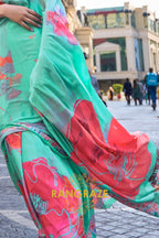 Turquoise Green Apex Pure Satin Silk Digital Print Saree