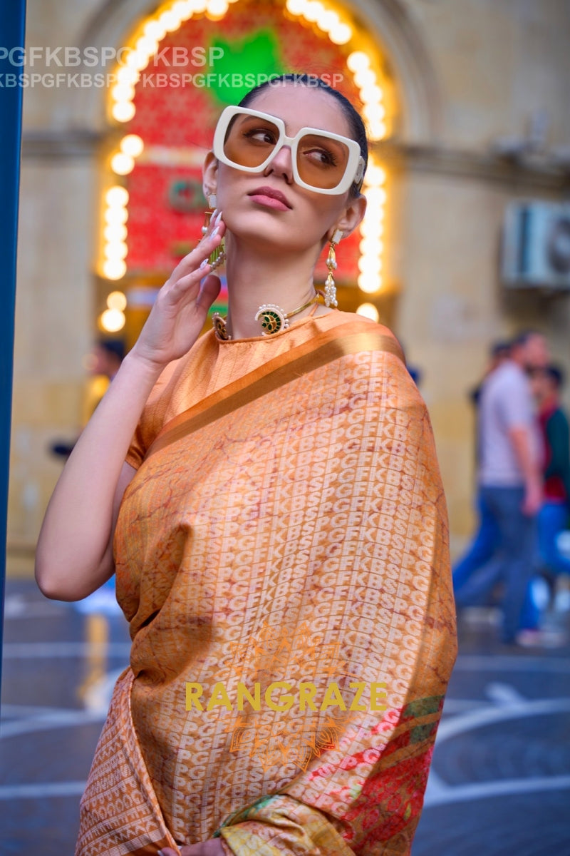 Timeless Peachy Pink Print Handloom Weaving Viscose Silk Saree