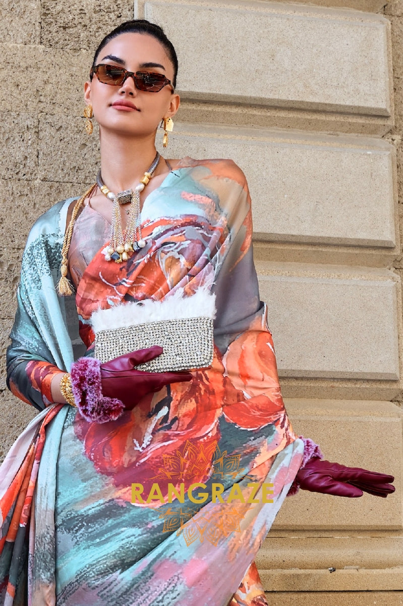 Stunning Floral Orange Digital Print Satin Soft Silk Saree